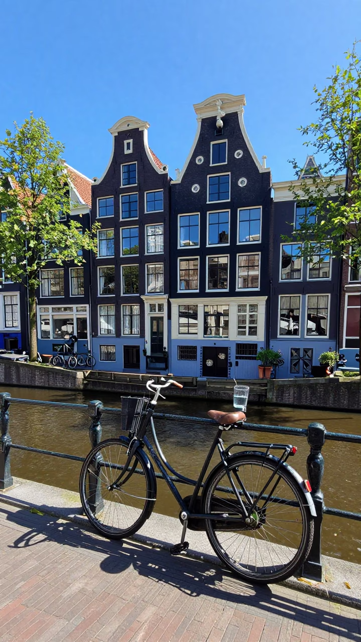 Amsterdam Midday Canal Scene with Bicycle and Glass Water Carafe on Wooden Table in in Amsterdam, Netherlands