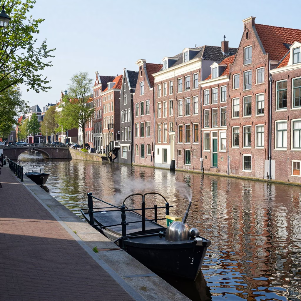 Amsterdam Midday Canal Scene with Nickel Latch and Steam Haze in in Amsterdam, Netherlands