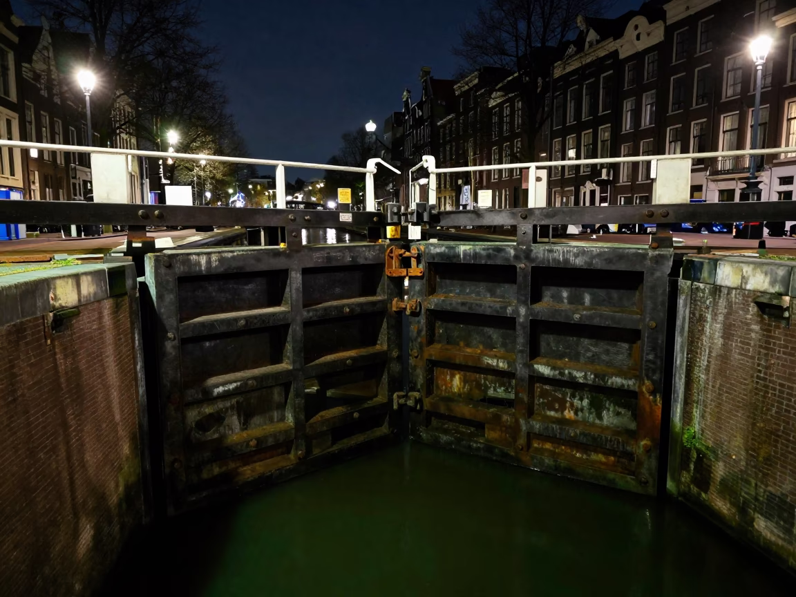 Amsterdam Midnight Canal Lock Gate Closing on Still Green Water in in Amsterdam, Netherlands