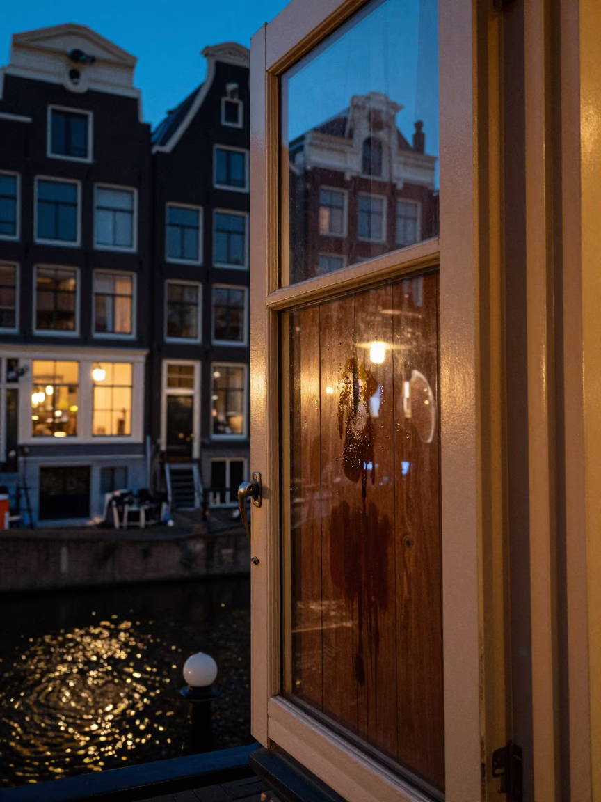 Amsterdam Midnight Street Scene with Nightlight and Tea Stained Cabinet Interior in in Amsterdam, Netherlands