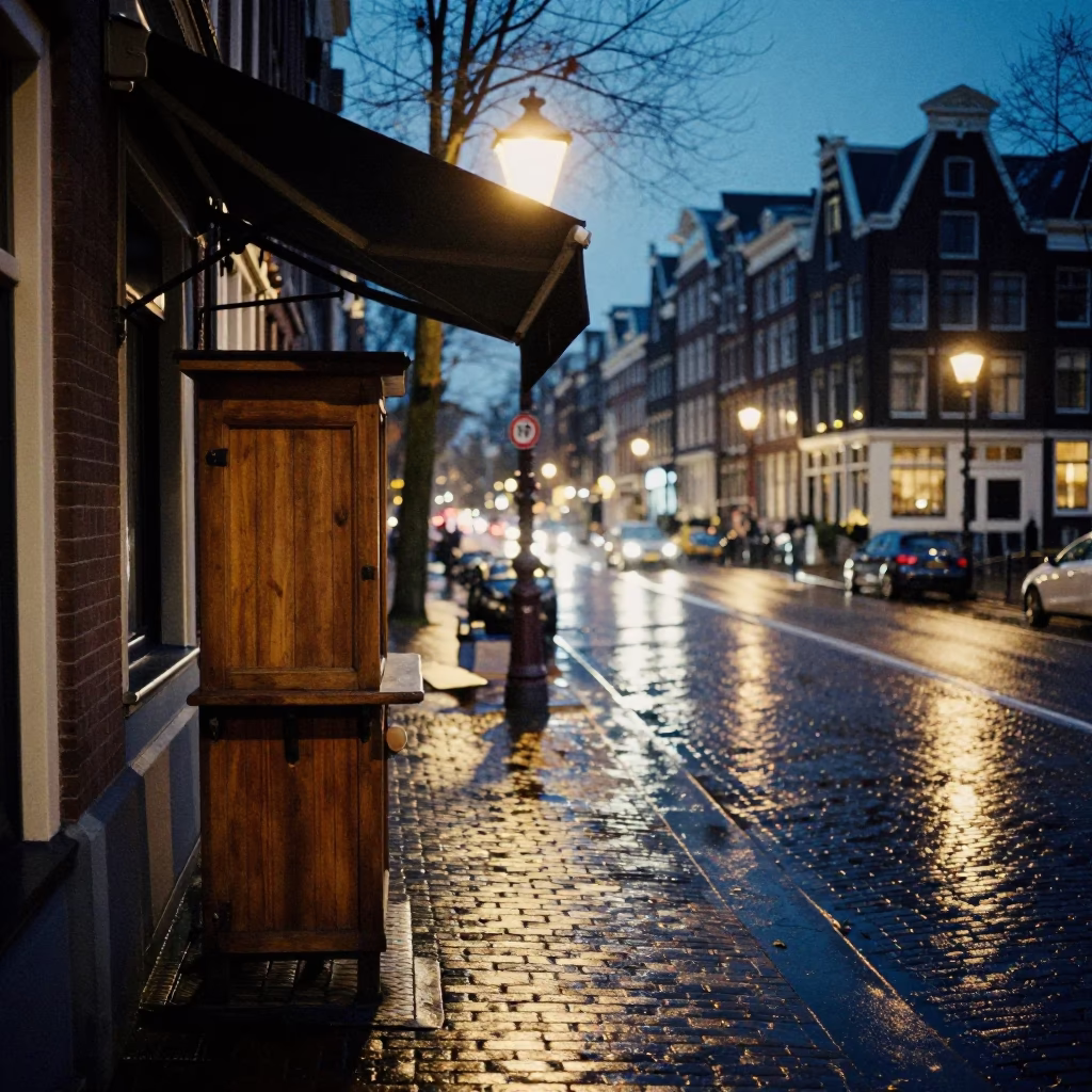 Amsterdam Midnight Street Scene with Valet Stand and Hotel Awning Under Night Lights in in Amsterdam, Netherlands