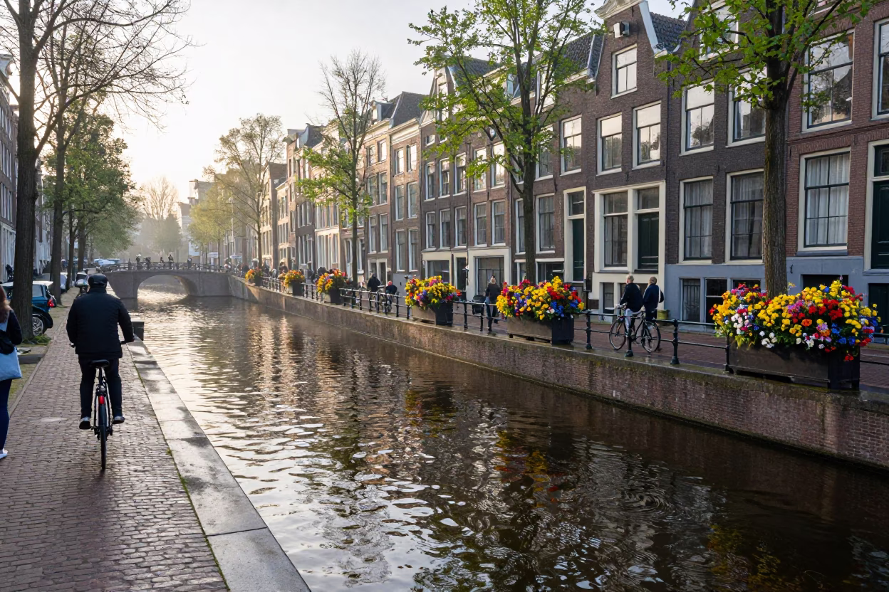 Amsterdam Morning Canal Scene with Cyclists and Colorful Flowers at First Light in in Amsterdam, Netherlands