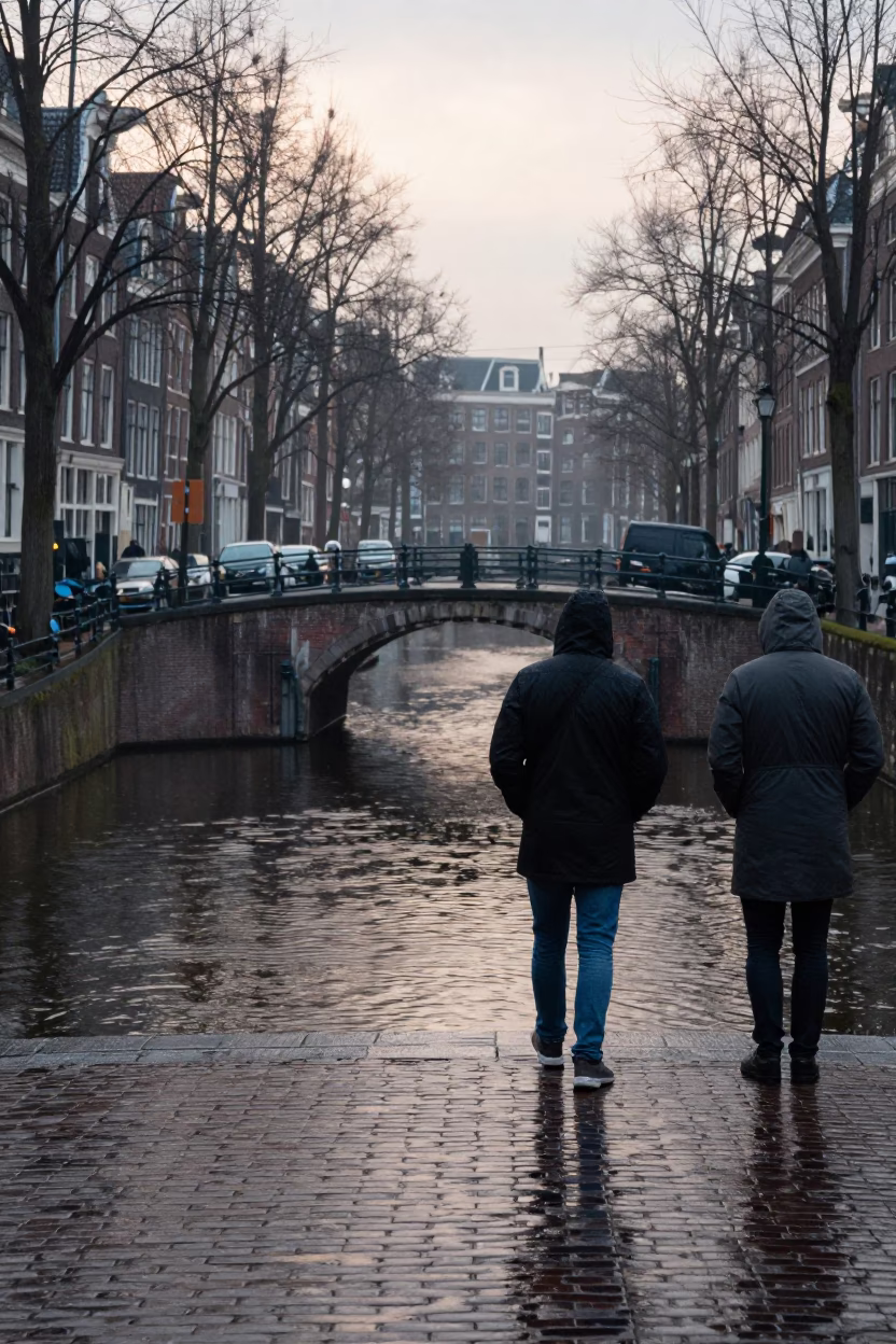 Amsterdam Morning Canal Scene with Raincoats and Cobblestones Before Sunrise in in Amsterdam, Netherlands