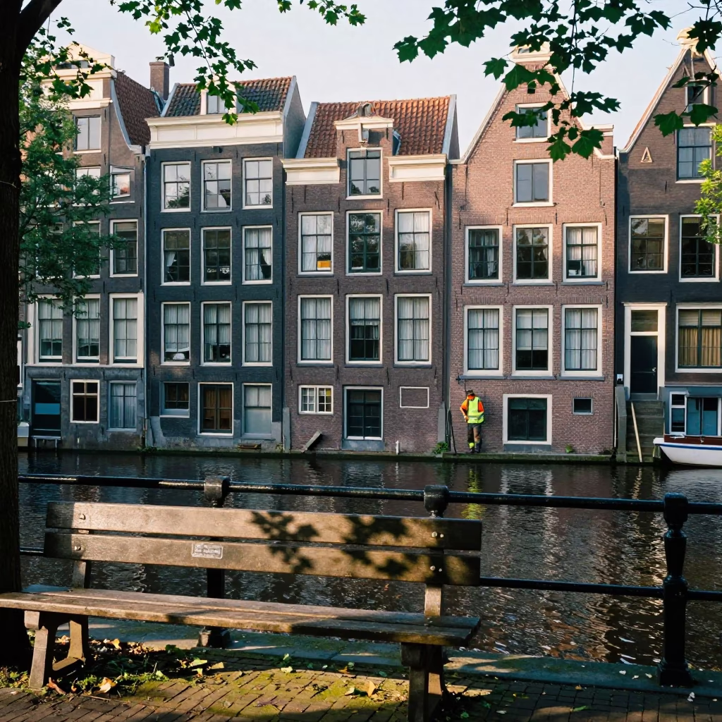 Amsterdam Morning Canal Side with Leaf Shadows and Crowbar Near Historic Brick Buildings in in Amsterdam, Netherlands