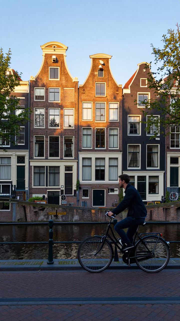 Amsterdam Morning Light on Canal House Facade with Bicycle and Street Scene in in Amsterdam, Netherlands