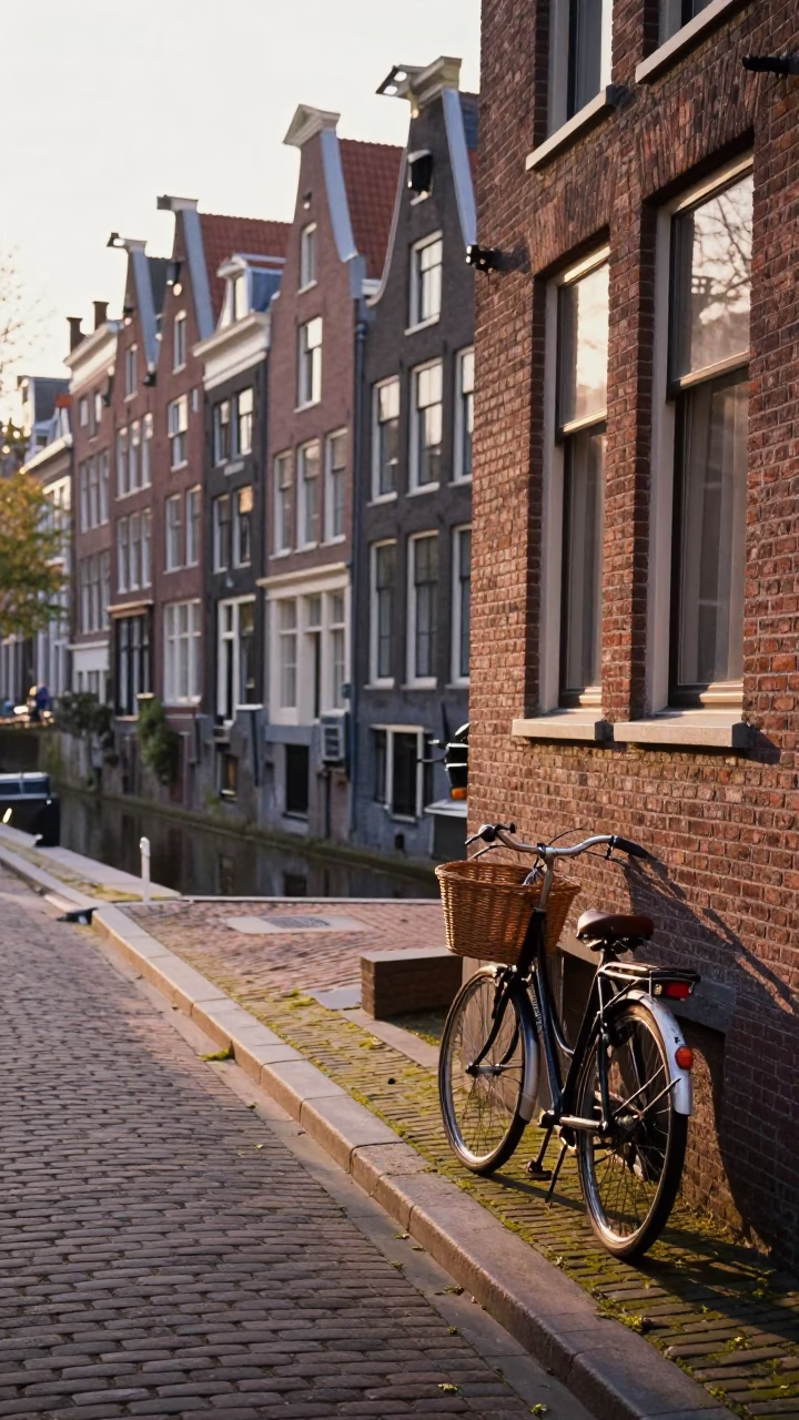 Amsterdam Morning Light on Cobblestone Canal Street with Vintage Bicycle and Local Shop in in Amsterdam, Netherlands