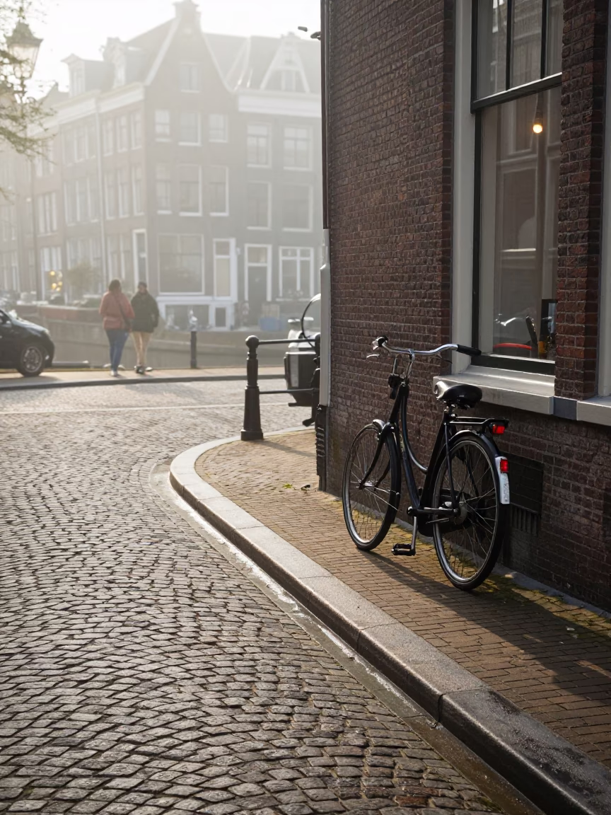 Amsterdam Morning Light on Cobblestone Street with Vintage Bicycle and Bakery Window Display in in Amsterdam, Netherlands