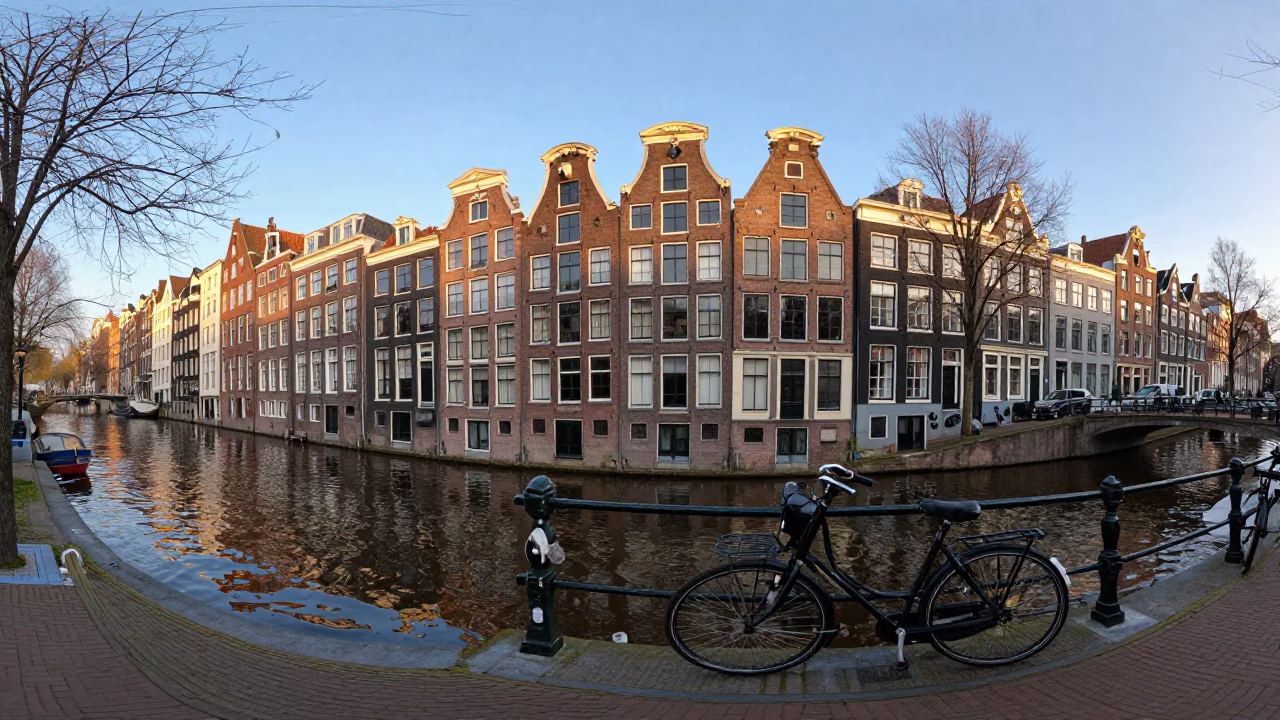 Amsterdam Morning Light on Historic Canal Houses and Moored Bicycles in in Amsterdam, Netherlands