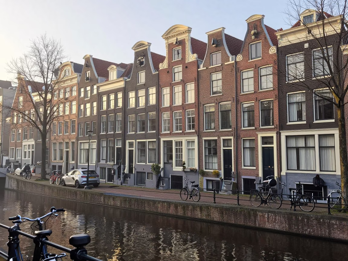 Amsterdam Morning Light on Historic Canal Houses with Bicycle and Cobblestone Street in in Amsterdam, Netherlands