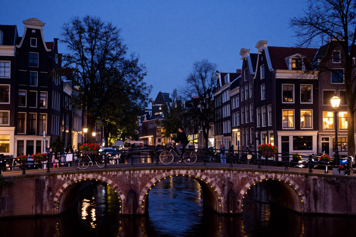 Amsterdam Nautical Dawn Canal Bridge with Window Box Flowers and Cyclist in in Amsterdam, Netherlands