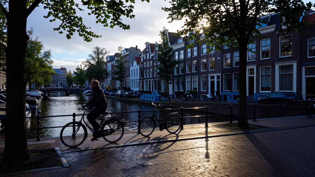 Amsterdam Nautical Dawn Canal Scene with Bicycle and Brick Architecture in in Amsterdam, Netherlands