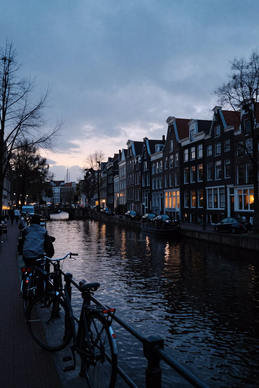 Amsterdam Nautical Dawn Canal Scene with Bicycle Traffic and Historic Gabled Architecture in in Amsterdam, Netherlands