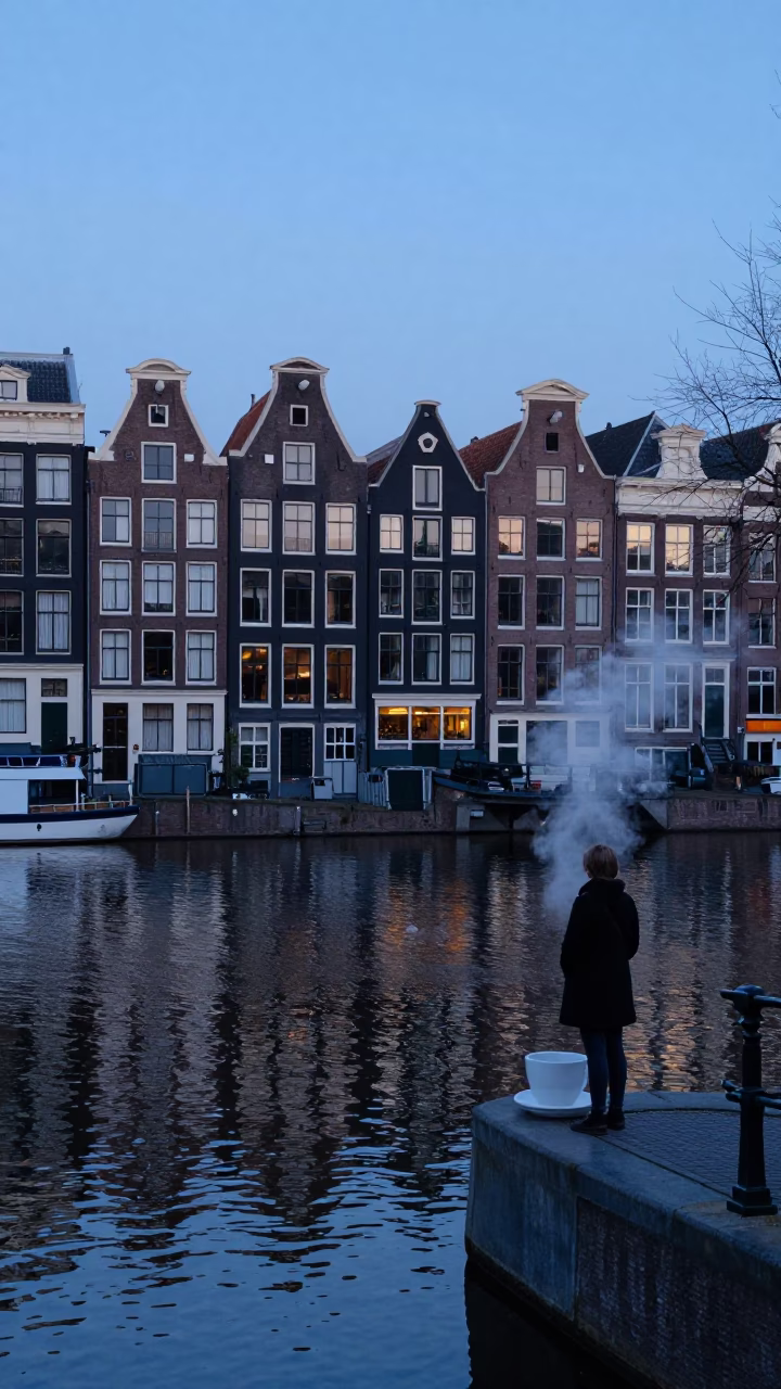 Amsterdam Nautical Dawn Canal Scene with Cup and Steam Haze Reflections in in Amsterdam, Netherlands