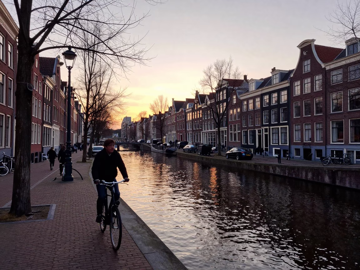 Amsterdam Nautical Dawn Canal Scene with Cyclists and Historic Brick Architecture in in Amsterdam, Netherlands