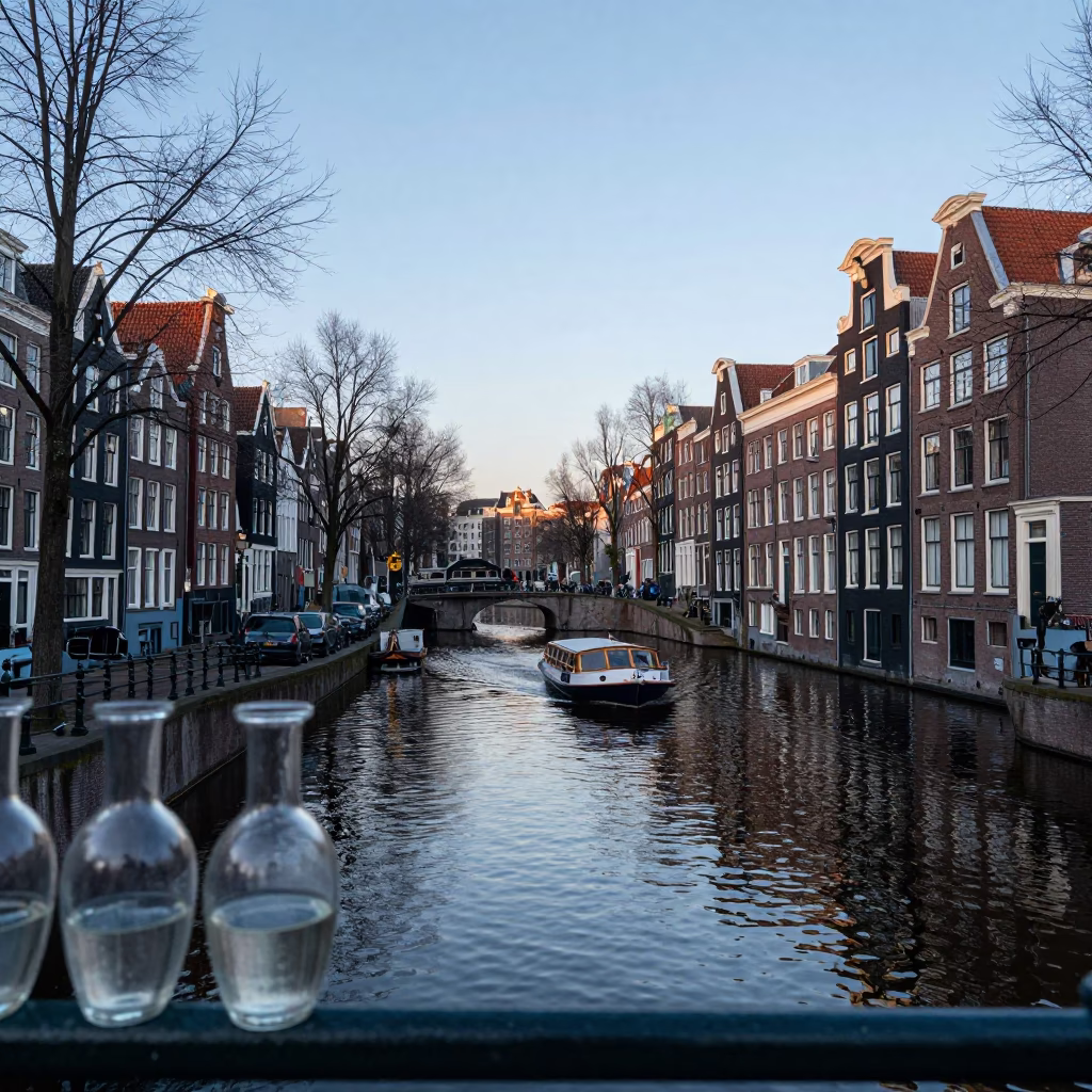 Amsterdam Nautical Dawn Canal Scene with Glass Vases and Fjord Ferry Inspiration in in Amsterdam, Netherlands