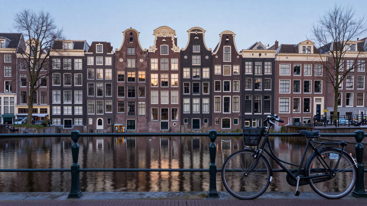 Amsterdam Nautical Dawn Canal Scene with Vintage Bicycle and Historic Brick Architecture in in Amsterdam, Netherlands
