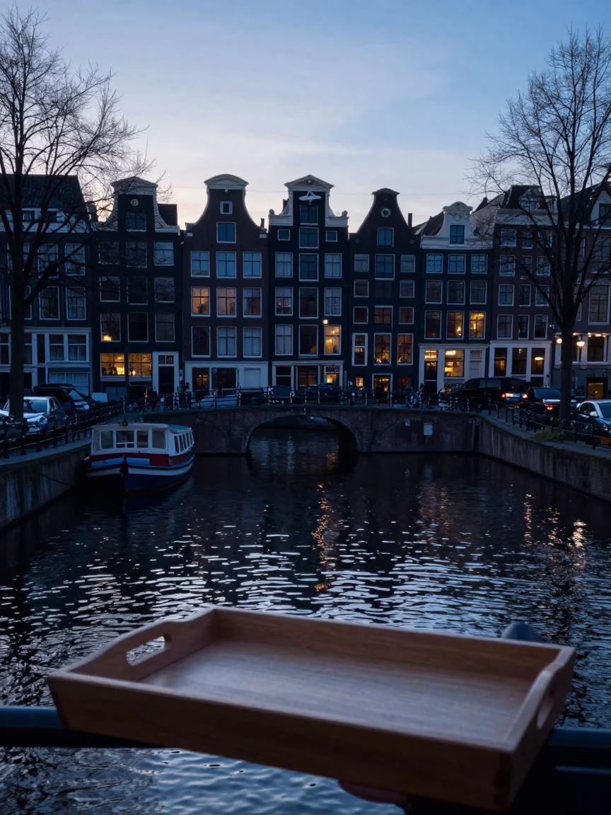 Amsterdam Nautical Dawn Canal Scene with Wooden Tray and Turkish Coffee in in Amsterdam, Netherlands