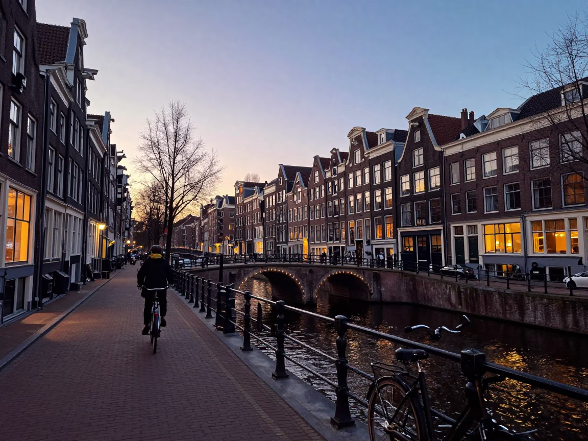 Amsterdam Nautical Dawn Street Scene with Canal Bridge and Morning Commuters in in Amsterdam, Netherlands