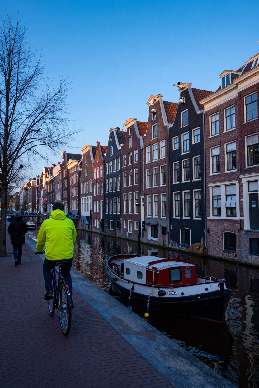 Amsterdam Nautical Dawn Street Scene with Cyclist and Canal Reflections in in Amsterdam, Netherlands