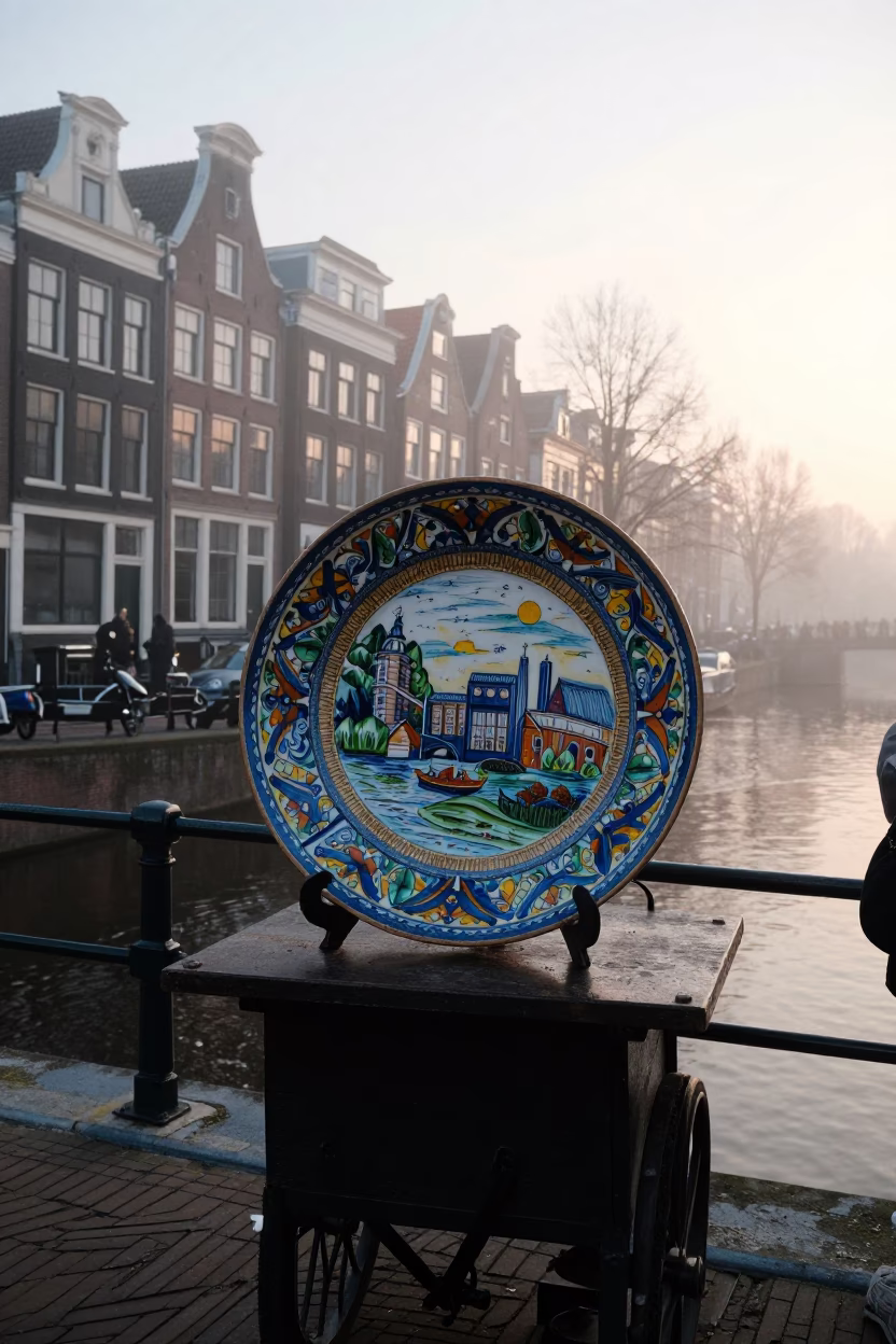 Amsterdam Nautical Dawn Street Scene with Vintage Majolica Plate and Handkerchief in in Amsterdam, Netherlands