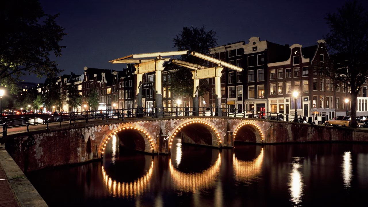 Amsterdam Night Canal Bridge Reflections and Historic Brick Architecture in in Amsterdam, Netherlands