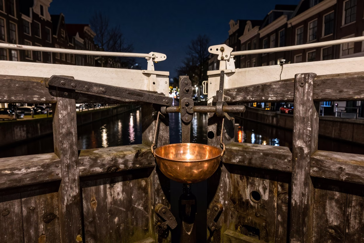 Amsterdam Night Canal Lock Latch Detail with Copper Bowl and Concrete Walls in in Amsterdam, Netherlands