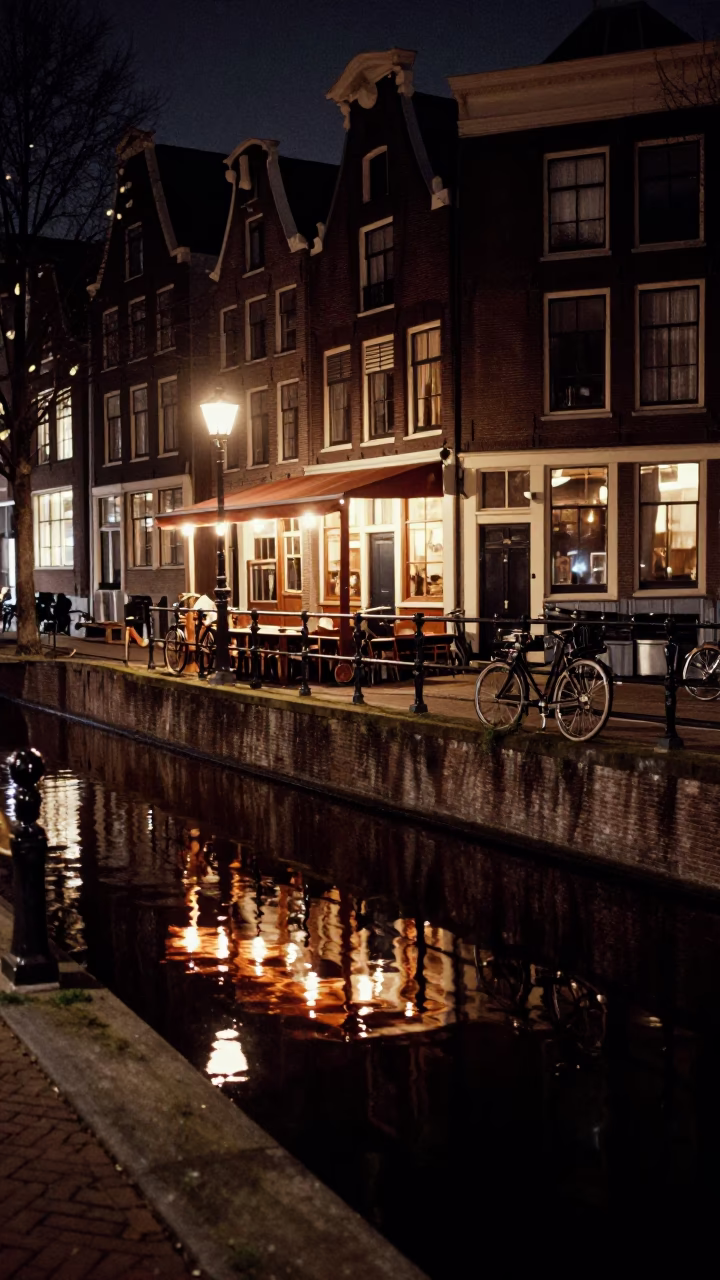 Amsterdam Night Canal Reflections with Vintage Bicycle and Cobblestone Street in in Amsterdam, Netherlands