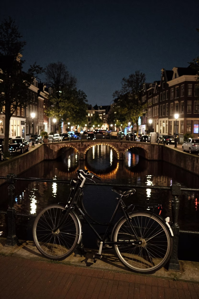 Amsterdam Night Canal Scene with Bicycle and Bridge Reflections in in Amsterdam, Netherlands