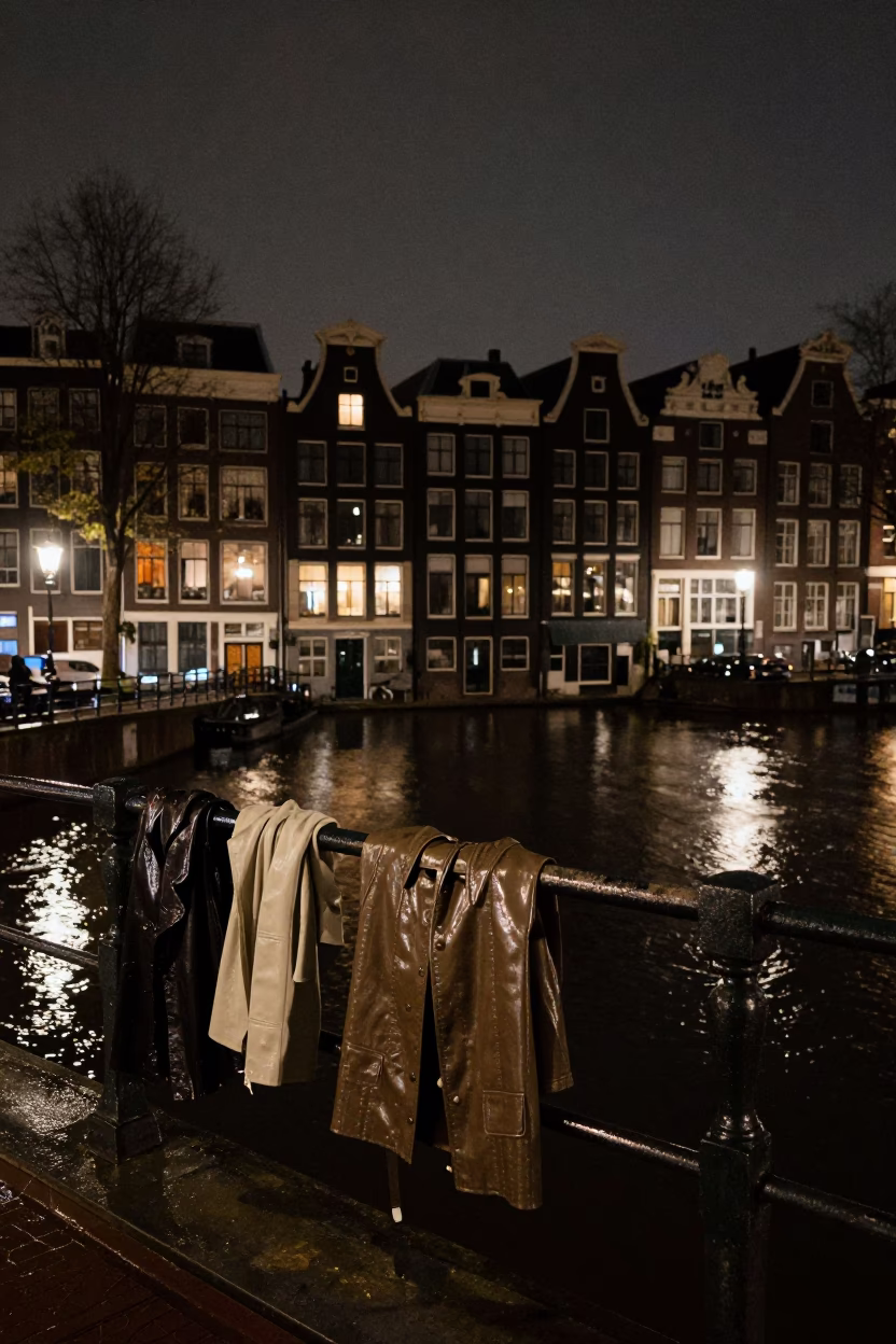 Amsterdam Night Canal Scene with Raincoats and Historic Architecture in in Amsterdam, Netherlands