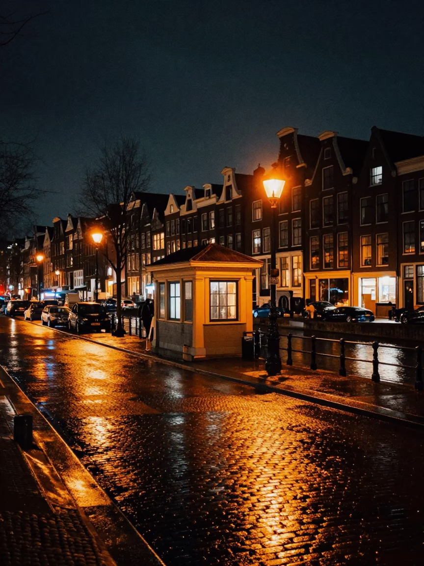 Amsterdam Night Canal Scene with Wet Cobblestones and Substation Puddle Reflecting Streetlights in in Amsterdam, Netherlands