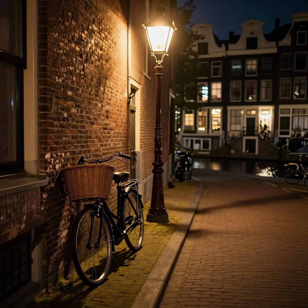 Amsterdam Night Canal Street Scene with Vintage Bicycle and Cobblestone Alleyway in in Amsterdam, Netherlands