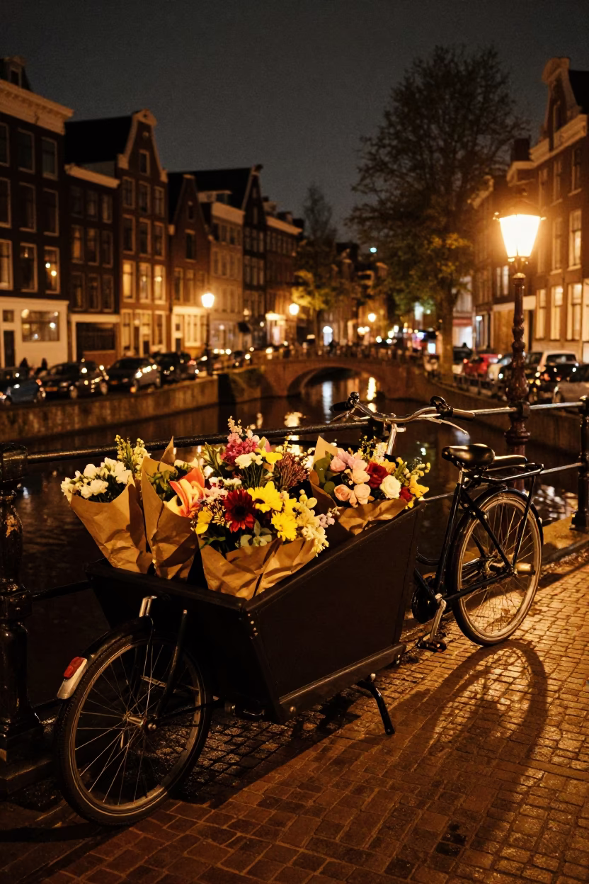 Amsterdam Night Cargo Bicycle With Flowers By Canal Under Sodium Streetlights in in Amsterdam, Netherlands