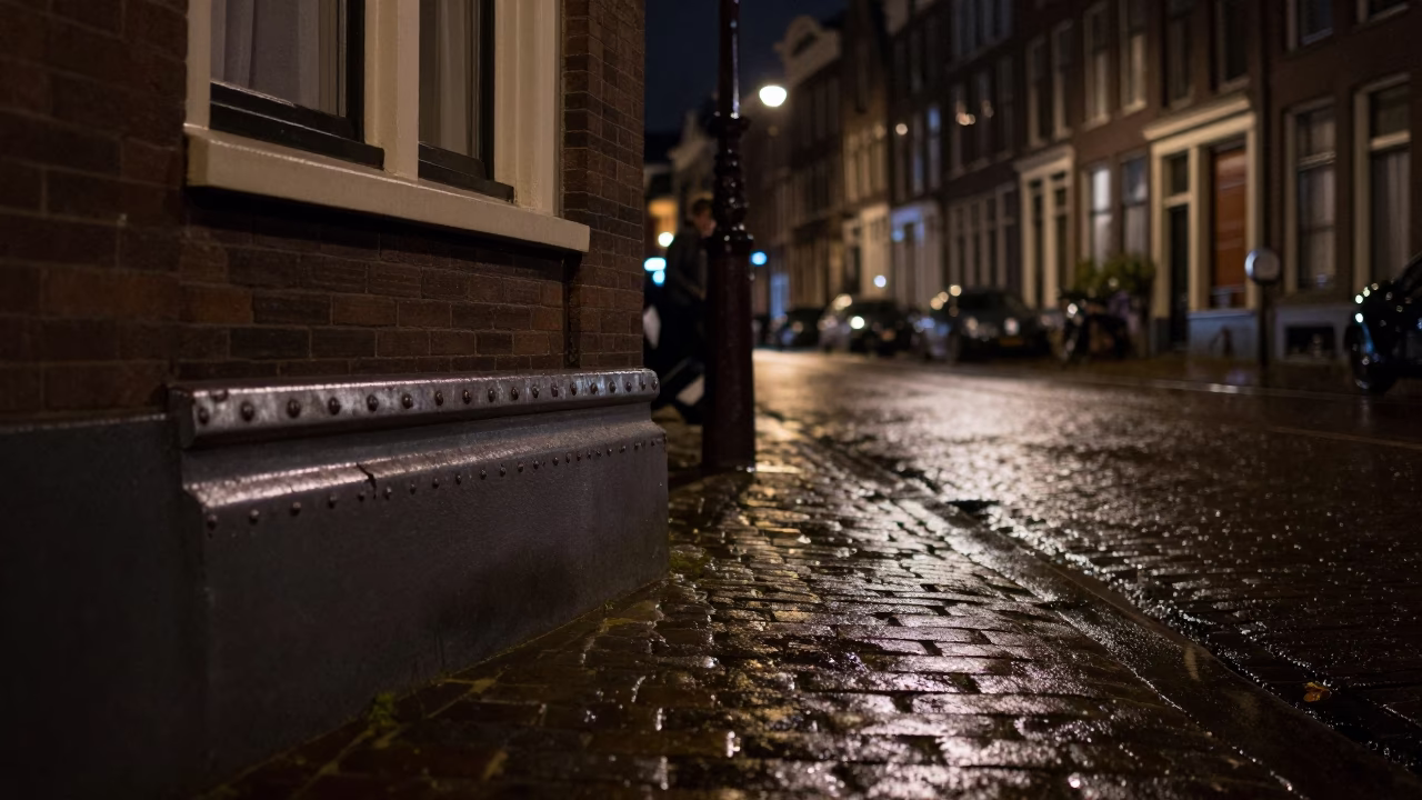 Amsterdam Night Street Scene with Dented Metal Rim and Latch Details in in Amsterdam, Netherlands