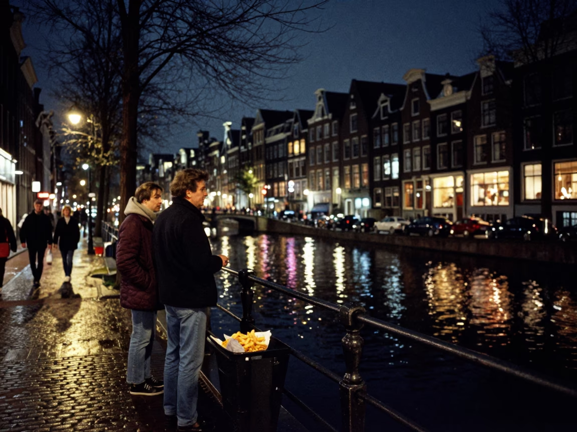 Amsterdam Night Street Scene with Frites and Canal Reflections in in Amsterdam, Netherlands