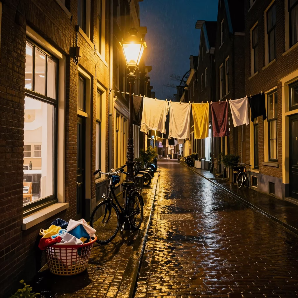 Amsterdam Night Street Scene with Laundry Hanging and Bicycle in Rain in in Amsterdam, Netherlands