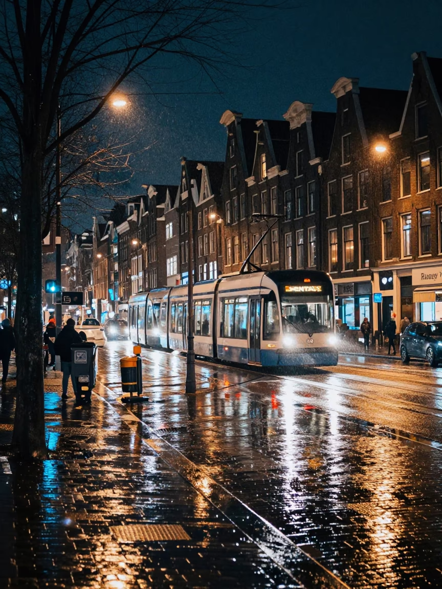 Amsterdam Night Street Scene with Tram Reflection and Rainy Cobblestones in in Amsterdam, Netherlands