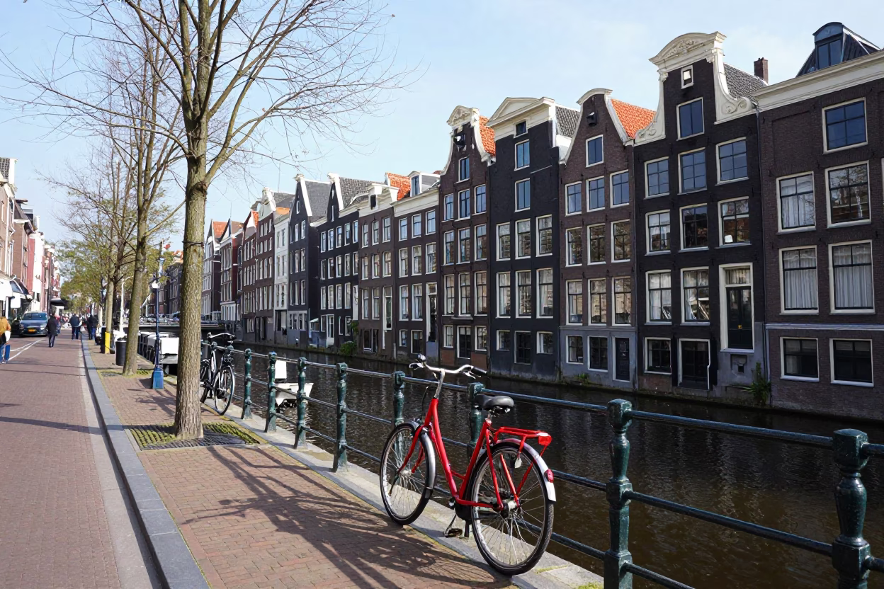 Amsterdam Noon Street Scene with Bicycle and Canal Water in in Amsterdam, Netherlands