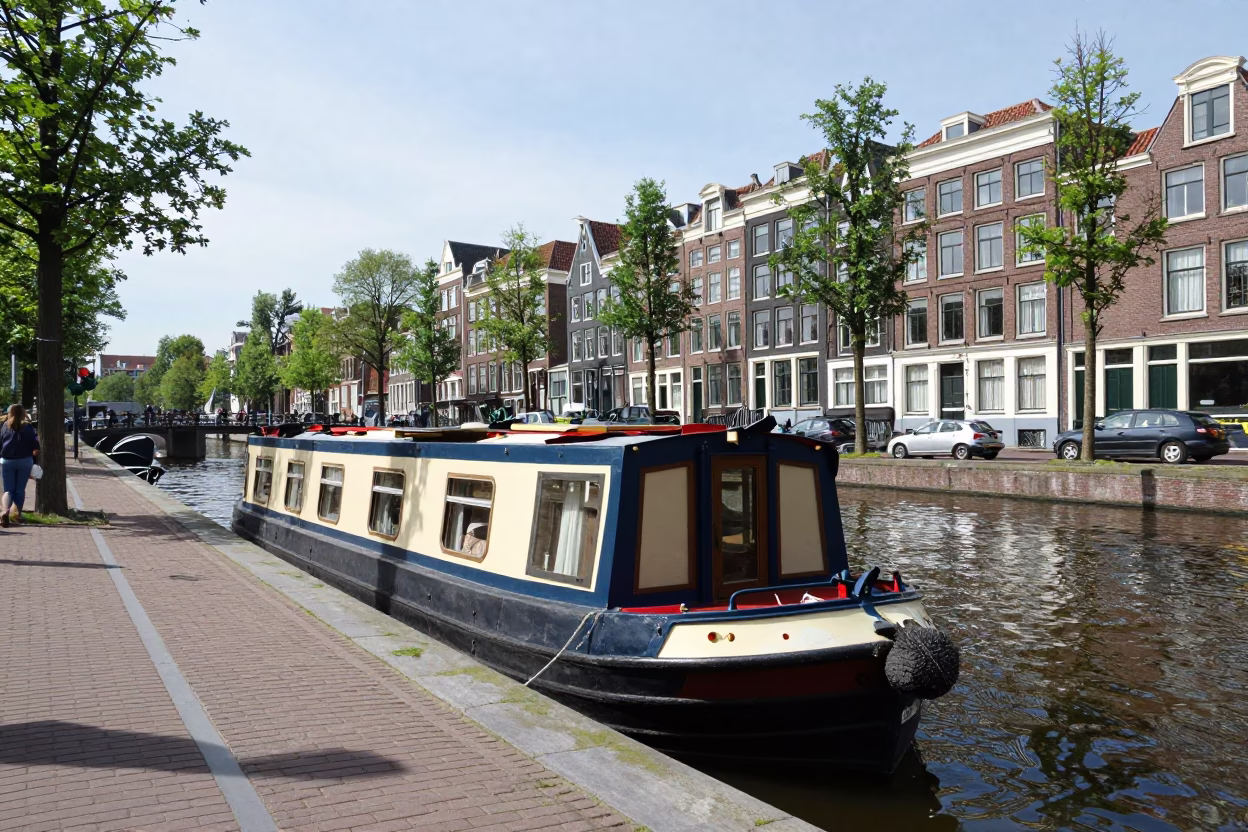 Amsterdam Noon Street Scene with Narrowboat and Canal Side Activity in in Amsterdam, Netherlands