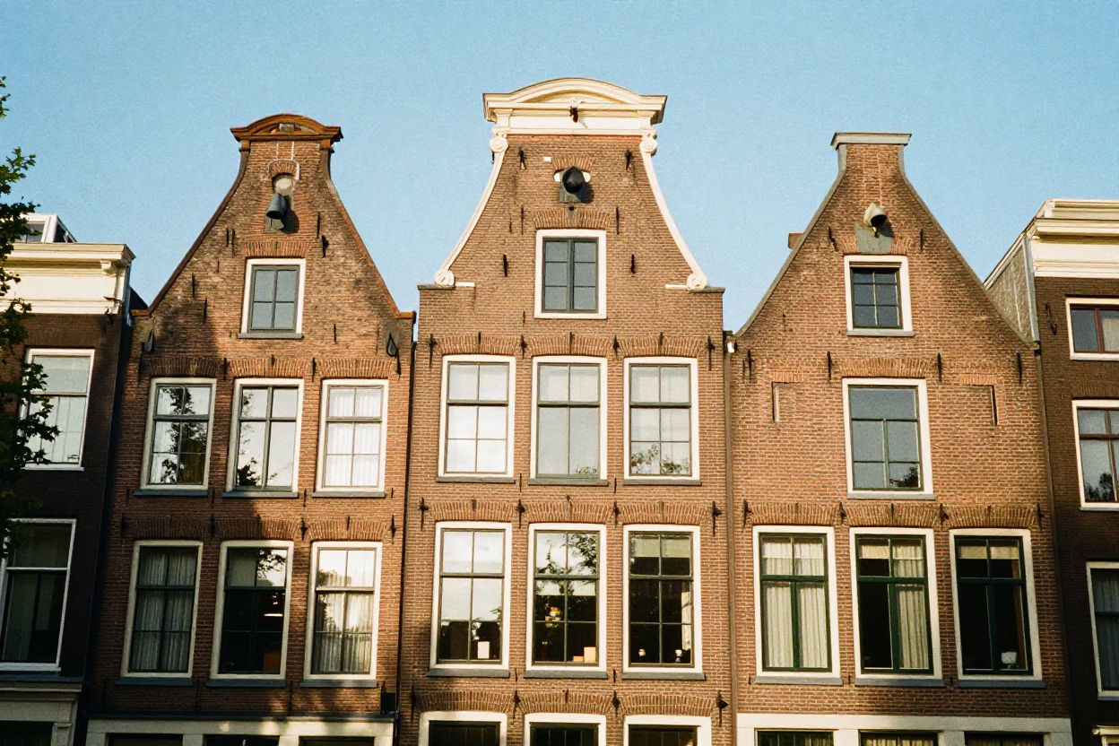 Amsterdam Noon Sunlight Reflecting Off Gabled Canal House Facade and Window Frame in in Amsterdam, Netherlands