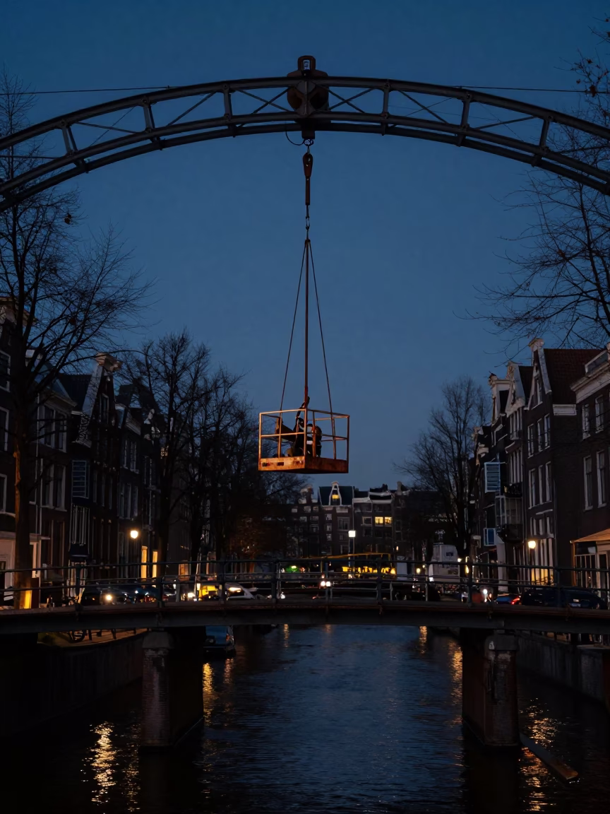 Amsterdam Predawn Canal Bridge Maintenance Cage Swinging in Dark Wind in in Amsterdam, Netherlands