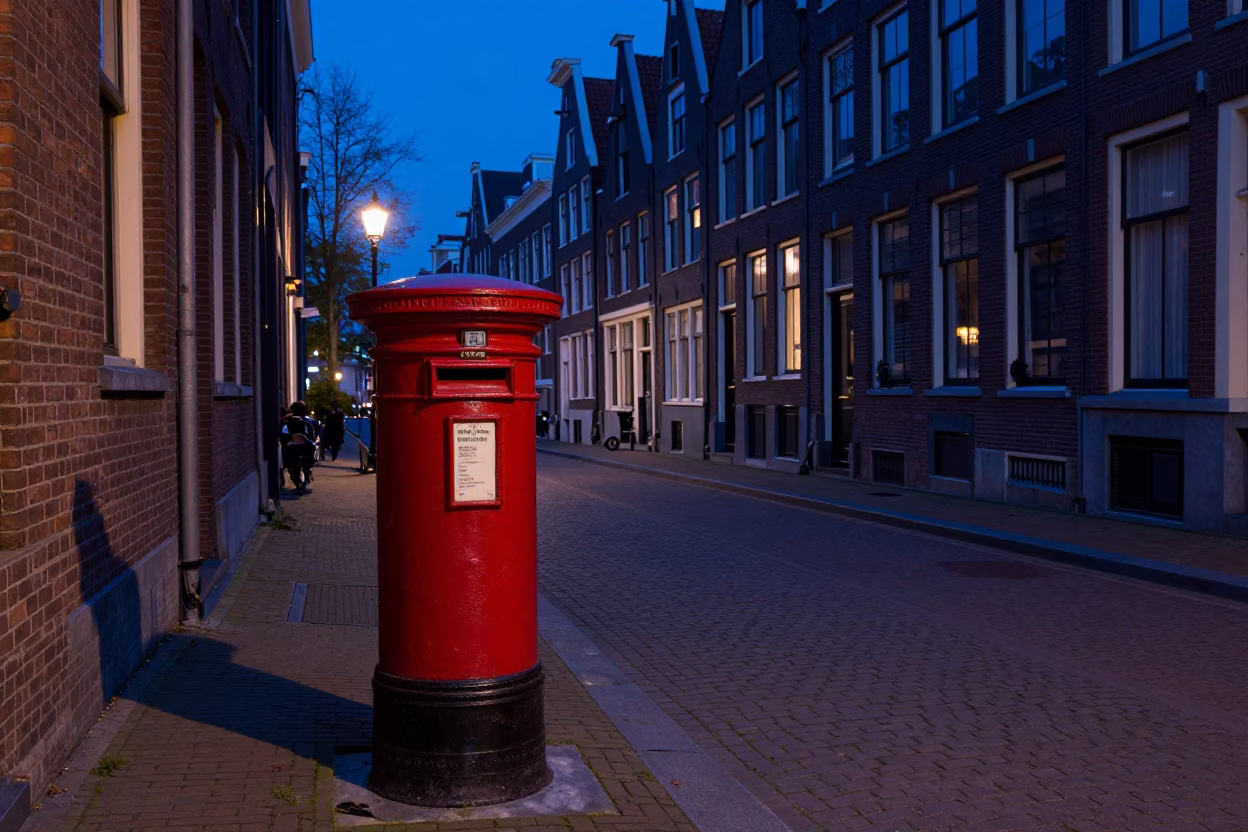 Amsterdam Predawn Canal Street Scene with Mailbox and Quiet Water Reflections in in Amsterdam, Netherlands