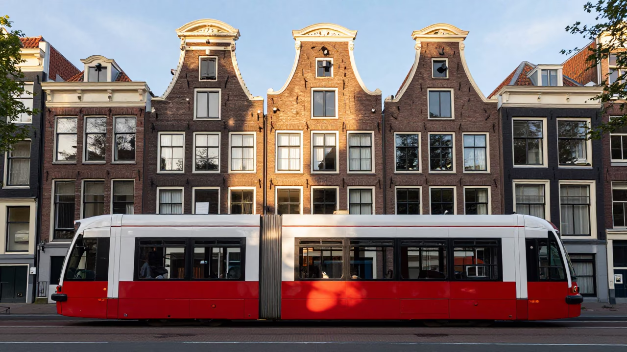 Amsterdam Red Tram at The Early Afternoon Light in in Amsterdam, Netherlands