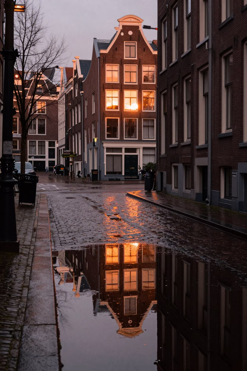 Amsterdam Street Reflections at Copper-toned Light Before Dusk in in Amsterdam, Netherlands