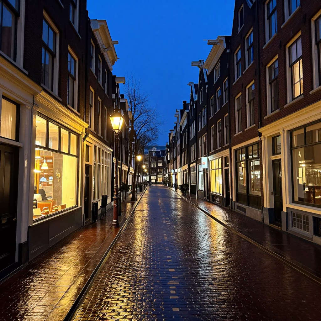 Amsterdam Street Scene at As City Lights Begin To Glow in in Amsterdam, Netherlands