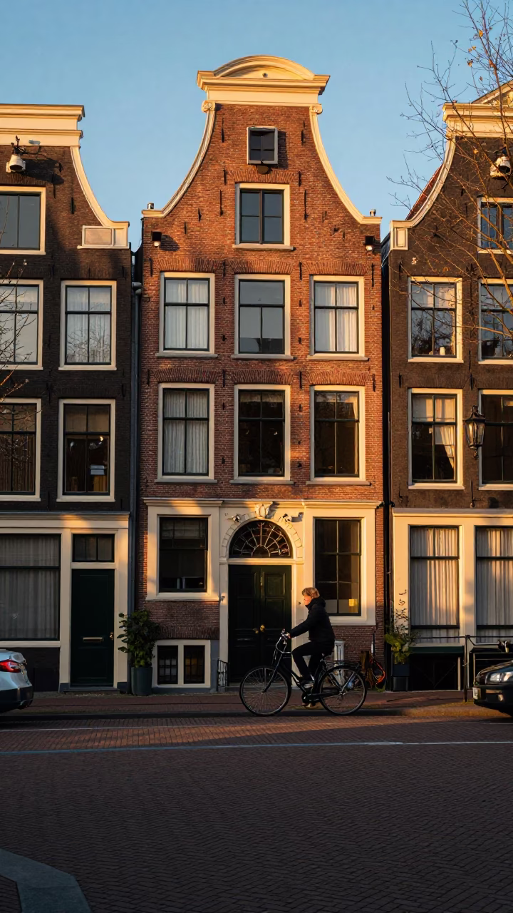 Amsterdam Street Scene at Honeyed Evening Light in in Amsterdam, Netherlands
