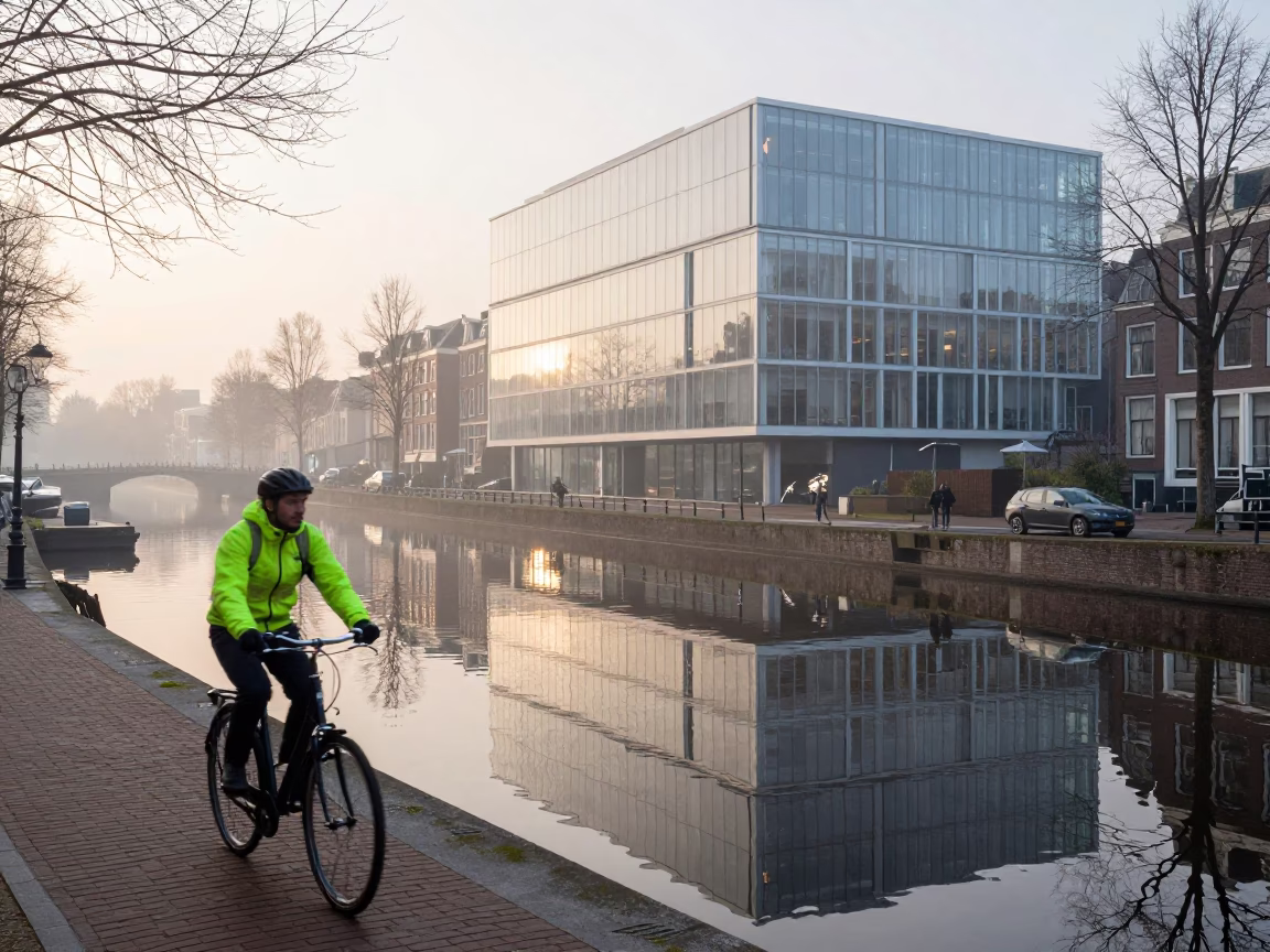 Amsterdam Sunrise Canal Reflections with Clear Glass Architecture and Early Morning Mist in in Amsterdam, Netherlands