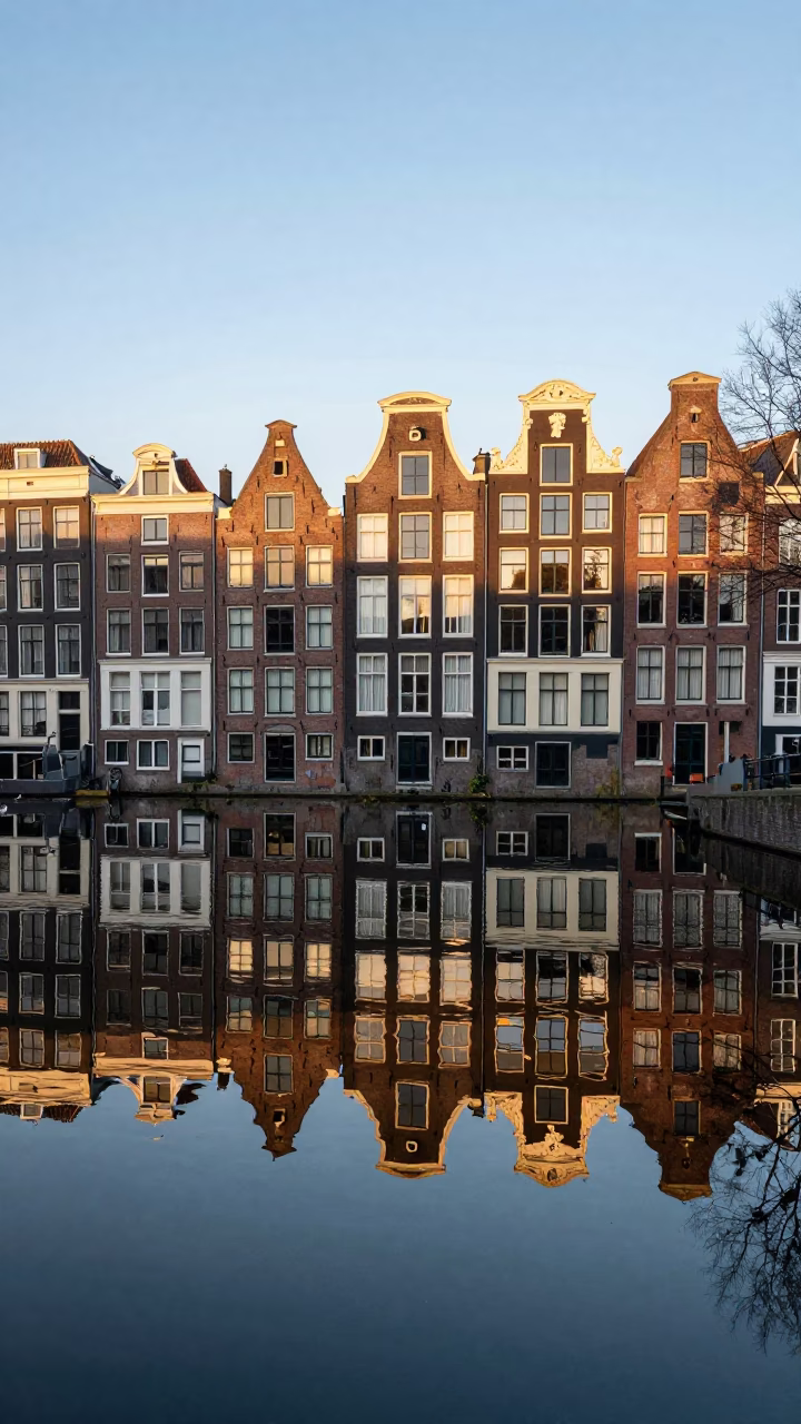 Amsterdam Sunrise Canal Reflections with Traditional Dutch Architecture and Early Morning Light in in Amsterdam, Netherlands