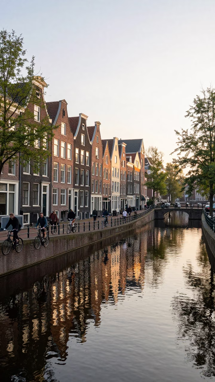Amsterdam Sunrise Canal Scene with Cycling Commuters and Brick Architecture in in Amsterdam, Netherlands