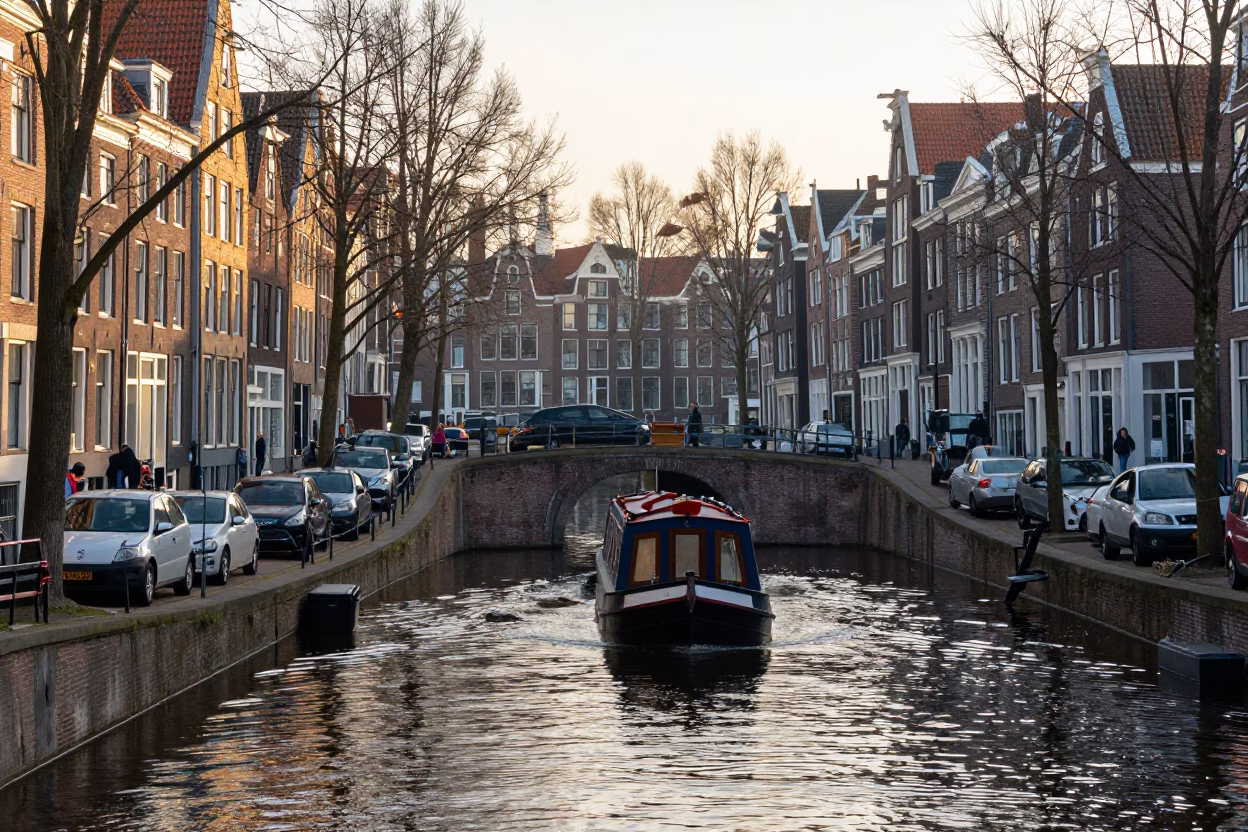 Amsterdam Sunrise Canal Scene with Narrowboat and Brick Tunnel in in Amsterdam, Netherlands