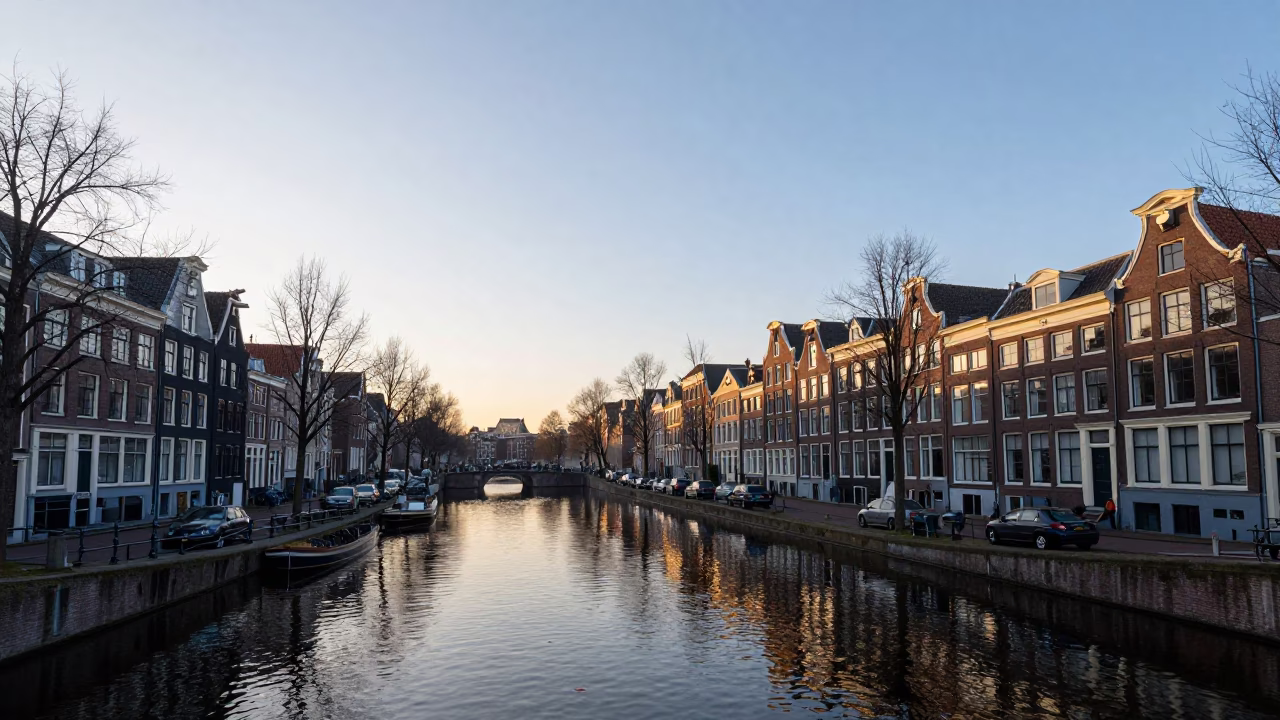 Amsterdam Sunrise Canal View with Traditional Brick Architecture and Morning Light in in Amsterdam, Netherlands
